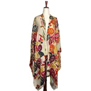 ANU Embroidered Pashmina Wool Ruana Shawl Art 2 Wear Boho Colorful Floral OS